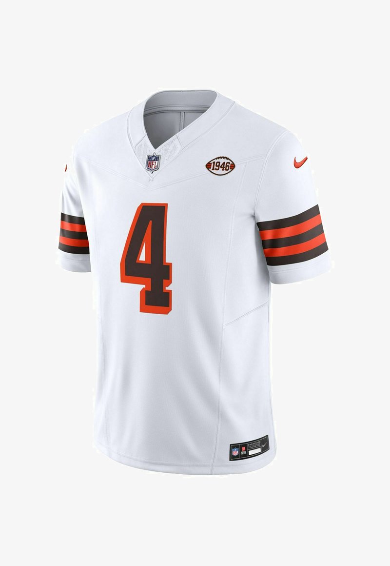 Weißes Fußballtrikot mit kurzen Ärmeln, ausgestattet mit orangefarbenen und braunen Streifen, großer Nummer 4 in Orange, Nike-Logo und NFL-Emblem auf der Brust.