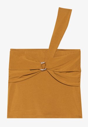 Senfgelbes Top mit einem Träger, verdrehtem Frontdesign und einem Metallring-Akzent. Hergestellt aus weichem, dehnbarem Material.