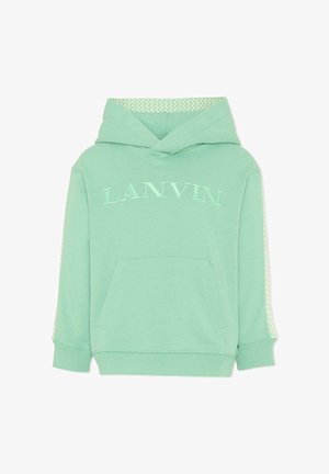 Felpa con cappuccio verde menta con tasca frontale, motivo a chevron bianco all'interno del cappuccio e lungo le maniche, e "LANVIN" ricamato sul petto.