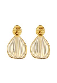 Pendientes de metal dorado con forma de lágrima y diseño de rayas verticales, con un respaldo de tuerca redonda, creando un aspecto ligero y abierto.