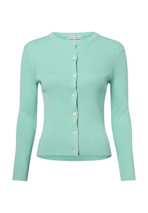 Lichtgroene geribde cardigan met lange mouwen en een ronde halslijn, voorzien van een knoopsluiting aan de voorkant en subtiele textuurdetails.