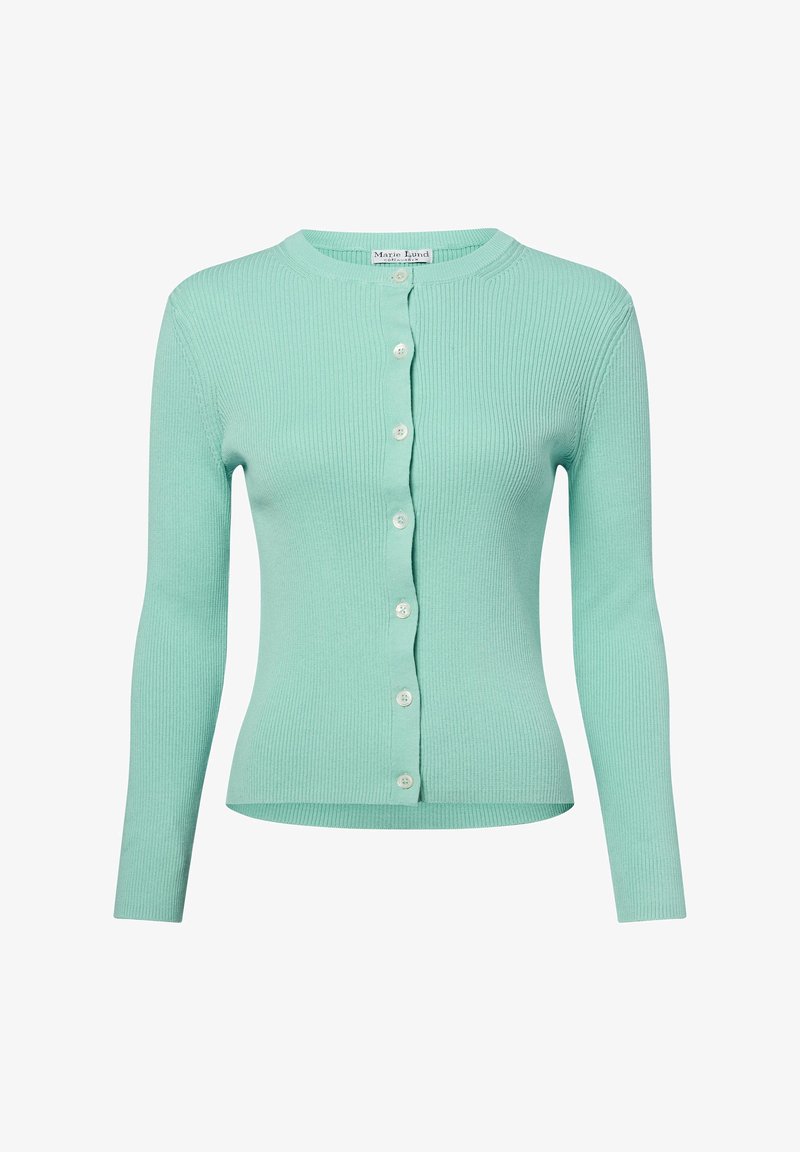 Lichtgroene geribde cardigan met lange mouwen en een ronde halslijn, voorzien van een knoopsluiting aan de voorkant en subtiele textuurdetails.