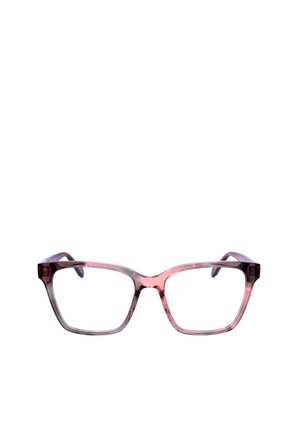 Occhiali rettangolari con montatura in plastica traslucida con sfumatura rosa e marrone scuro, visti frontalmente su sfondo bianco.