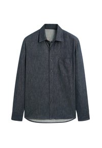 Dunkelblaues Longsleeve-Shirt aus strukturiertem Stoff, mit Knopfleiste vorne, Kragen und einer Brusttasche auf der linken Seite.