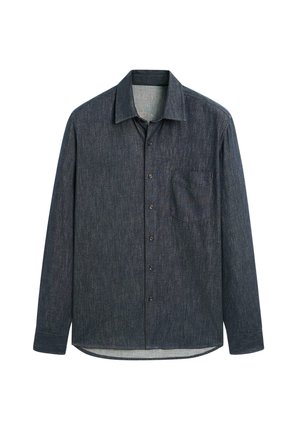 Dunkelblaues Longsleeve-Shirt aus strukturiertem Stoff, mit Knopfleiste vorne, Kragen und einer Brusttasche auf der linken Seite.