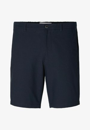 Tumedate sinised lühikesed püksid tekstuurse kangaga, millel on nööpkinne, vööreepid ja sirge lõige. Sobivad igapäevaseks kandmiseks.