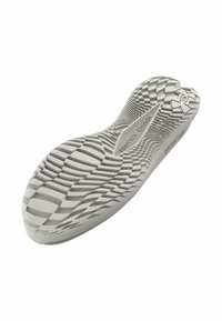 Suela de zapato de goma blanca con un patrón texturado que presenta surcos y crestas para ofrecer tracción. Un sutil logotipo es visible en el costado de la suela.