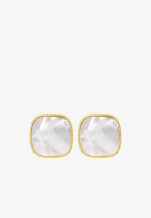 Boucles d'oreilles carrées avec des centres en nacre blanche irisée et des bordures en métal texturé ton or.