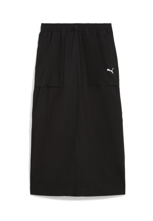 Čierna bavlnená sukňa s elastickým pásom, dvoma bočnými vreckami a bielym logom Puma na ľavej strane. Hladká textúra a dĺžka po kolená.