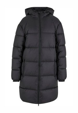 Manteau matelassé noir avec capuche, design matelassé, fermeture éclair frontale et poches latérales. Mi-longueur avec une coupe légèrement ample et des poignets élastiques.