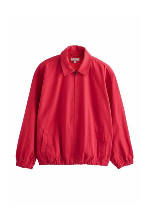 Rote leichte Jacke mit durchgehendem Reißverschluss, Kragen, zwei seitlichen Taschen sowie elastischen Bündchen und Saum.