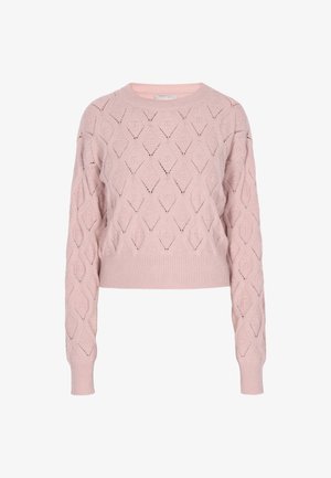 Světle růžový pletený svetr s diamantovým vzorem, kulatým výstřihem a žebrovanými manžetami a lemem. Zkrácená délka s texturovaným detailem.
