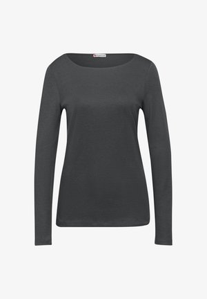 Czarna, długi rękaw, ciemnoszara koszulka z szerokim okrągłym dekoltem, wykonana z miękkiego materiału bawełnianego, o gładkiej fakturze i dopasowanym kroju.