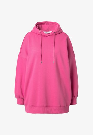 Sudadera de gran tamaño en un llamativo color rosa brillante, con cordones, puños y dobladillo acanalados, exhibida sobre un fondo blanco.