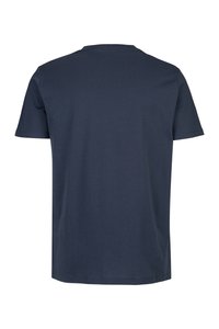 Navyblauwe katoenen T-shirt met korte mouwen, een ronde halslijn en een gladde textuur. Heeft een eenvoudig, effen ontwerp zonder versieringen.