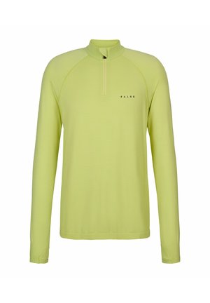 Limonkowa bluza z długim rękawem, kołnierzem na zamek do ćwiartki i logo „FALKE” na lewej piersi.