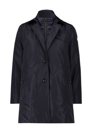 Navy blue lightweight jacket made of smooth fabric, featuring a button closure, two large front pockets, and a classic collar design.