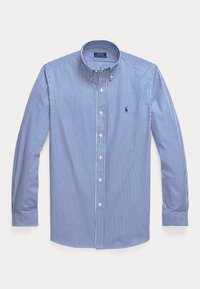 Sinise ja valge vertikaalsete triipudega pikkade varrukatega nööbitav särk, nööbitava kraega ja Polo Ralph Laureni logoga rinnal.