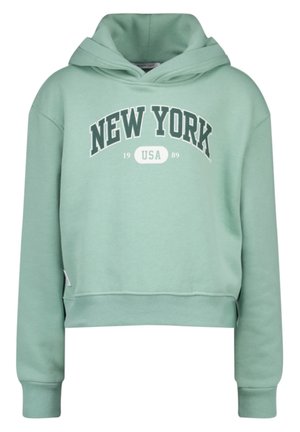 Lichtgroene crop hoodie met de tekst "NEW YORK USA 1989" gedrukt op de voorkant in donkergroene en witte letters.
