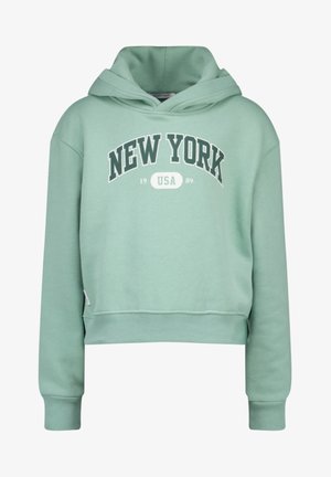 Lichtgroene crop hoodie met de tekst "NEW YORK USA 1989" gedrukt op de voorkant in donkergroene en witte letters.