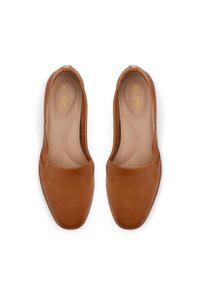 Brown leather slip-on shoes with a smooth surface, rounded toe, and a small gold accent at the back. Soft interior lining with minimal design.