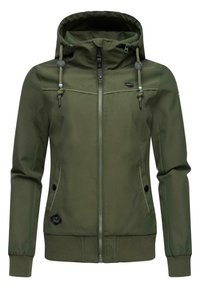 Jasnozielona kurtka z zamkiem z przodu, regulowanym kapturem ze sznurkami, bocznymi kieszeniami oraz ściągaczami na rękawach i dolnym brzegu. Gładka tekstura materiału.