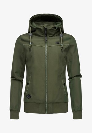 Oliven grønn jakke med glidelås foran, justerbar hette med snor, sidelommer og ribbestrikkede ermer og kant. Glatt stofftekstur.