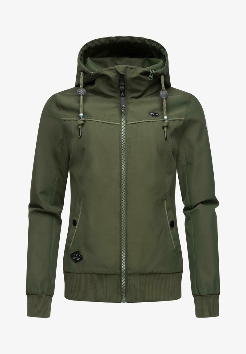 Jasnozielona kurtka z zamkiem z przodu, regulowanym kapturem ze sznurkami, bocznymi kieszeniami oraz ściągaczami na rękawach i dolnym brzegu. Gładka tekstura materiału.