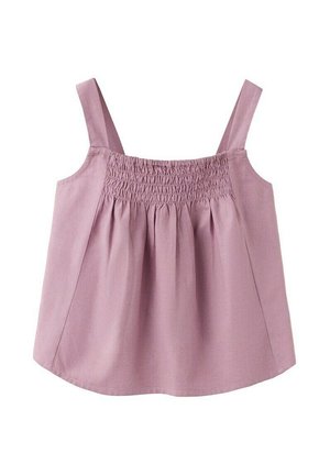 Haut sans manches rose poussière avec larges bretelles et détail en élastique froncé sur la poitrine, présentant une coupe ample et légèrement évasée en dessous.