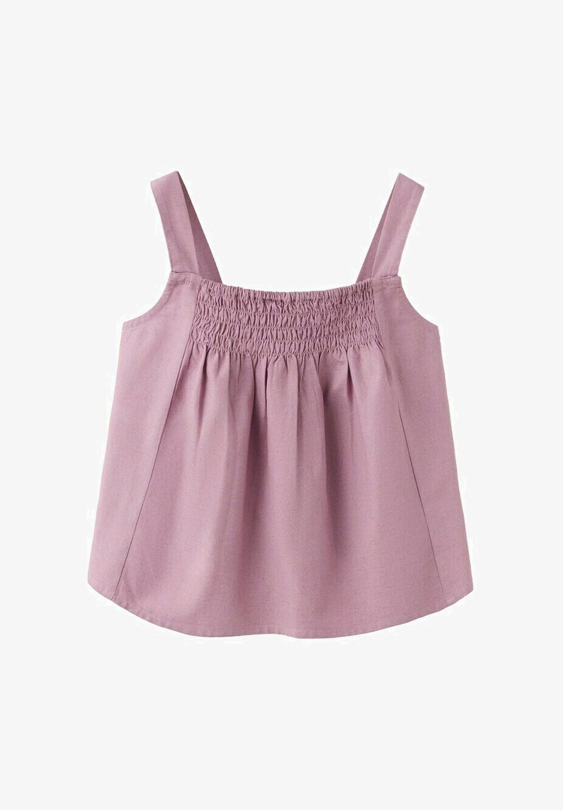 Haut sans manches rose poussière avec larges bretelles et détail en élastique froncé sur la poitrine, présentant une coupe ample et légèrement évasée en dessous.