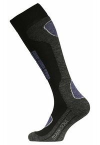 Chaussettes montantes avec un haut noir, un corps gris, des accents bleus et des motifs texturés pour un meilleur ajustement et un confort accru. Zones de orteil et de talon renforcées.