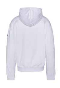 Felpa con cappuccio bianca con orlo e polsini a costine, dotata di cappuccio con coulisse. Il tessuto sembra morbido e leggermente texturizzato, senza motivi visibili.