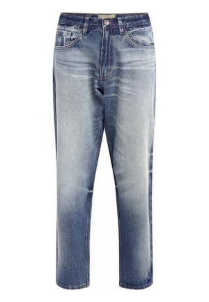 Lichtblauwe high-waisted jeans met een rechte pasvorm, voorzien van vervaagde delen, een klassieke vijf-pocketontwerp en een rits met een knoopsluiting.