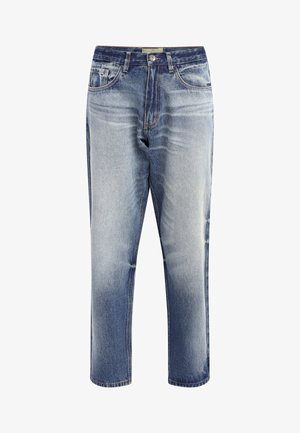 Lichtblauwe high-waisted jeans met een rechte pasvorm, voorzien van vervaagde delen, een klassieke vijf-pocketontwerp en een rits met een knoopsluiting.
