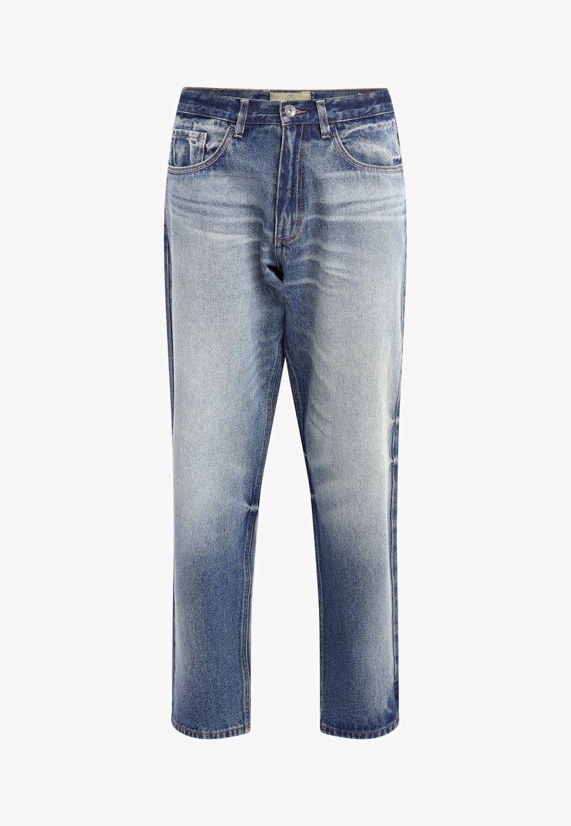 Light blue high-waisted jeans with a straight fit, featuring faded areas, classic five-pocket design, and a zip fly with a button closure.