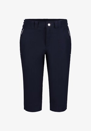 Pantalones cortos azul marino con un corte ajustado, que cuentan con bolsillos con cremallera, un cierre de botón en la parte frontal y una tela suave y ligera.