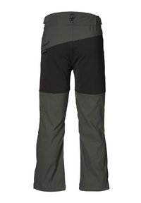 Softshell vandringsbyxor med en färgblockdesign i svart och mörkgrön, som har en bred midja och förstärkta nederben för ökad hållbarhet.