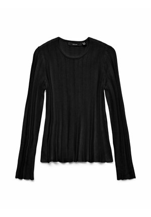 Haut noir à manches longues en tissu côtelé. Présente un col rond et un design texturé avec des poignets évasés. Style léger et ajusté.