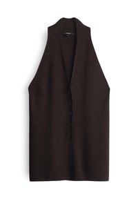 Gilet marrone con una vestibilità comoda, realizzato in un tessuto testurizzato. Presenta un profondo scollo a V e una chiusura con sei bottoni sul davanti. Senza maniche.