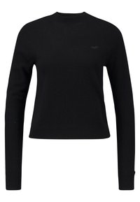 Pull noir à manches longues avec un col rond et des poignets côtelés, arborant un logo subtil sur la poitrine. Tissu doux, coupe courte.