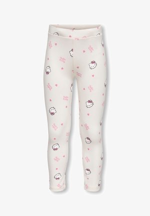 Weiße Leggings mit einem wiederholten Muster aus Hello-Kitty-Köpfen und pinken Herzen. Hergestellt aus weichem, elastischem Stoff mit einem elastischen Bund.