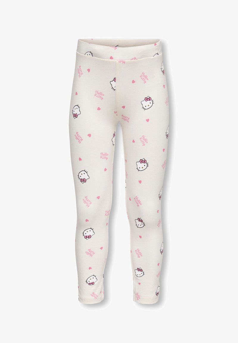 Λευκά κολάν με επαναλαμβανόμενο σχέδιο από κεφάλια Hello Kitty και ροζ καρδιές. Κατασκευασμένα από μαλακό, ελαστικό ύφασμα με ελαστική μέση.