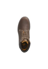 Botte de travail en cuir marron avec bout rond, œillets métalliques et lacets beige. Doublure orange douce et cheville rembourrée pour le confort.