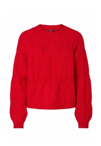 Czerwony sweter na drutach z długimi rękawami i okrągłym dekoltem, ozdobiony teksturowanym wzorem wypukłych kształtów dłoni na przodzie i rękawach.