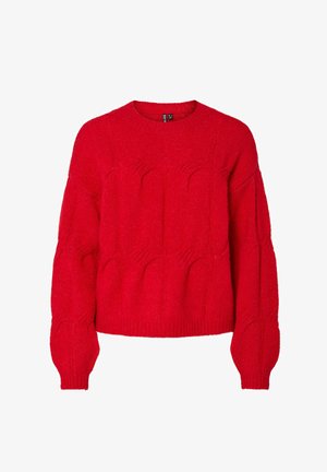 Raudonas megztinis su ilgomis rankovėmis ir apvalia apykakle, priekyje ir rankovėse puošiamas reljefiškais rankų formų raštais.