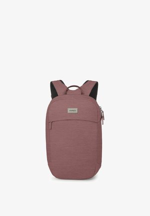 Compact dusty rose backpack with padded shoulder straps, top handle, front zip pocket, and Osprey brand label on white background.