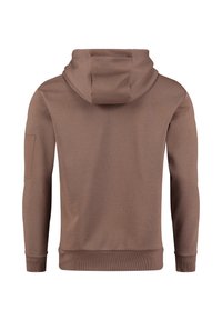 Felpa marrone con cappuccio regolabile, maniche lunghe e tasca laterale. Tessuto liscio con orlo e polsini a coste.