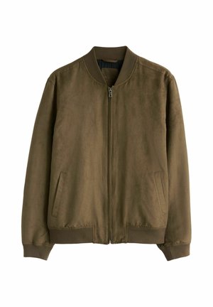 Herren-Bomberjacke in Olivgrün mit Frontreißverschluss, geripptem Kragen, Bündchen, Saum und zwei seitlichen Taschen.