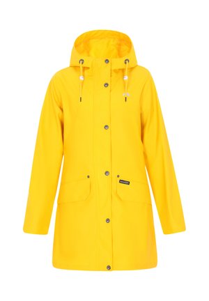 Yellow waterproof rain jacket with a hood, snap buttons, elastic drawstring, and two front pockets; smooth texture and a simple design.