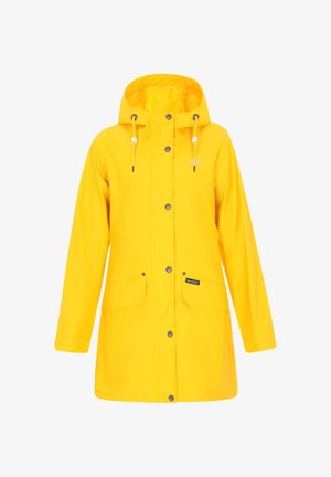 Giacca impermeabile gialla con cappuccio, bottoni a pressione, cordino elastico e due tasche frontali; texture liscia e design semplice.